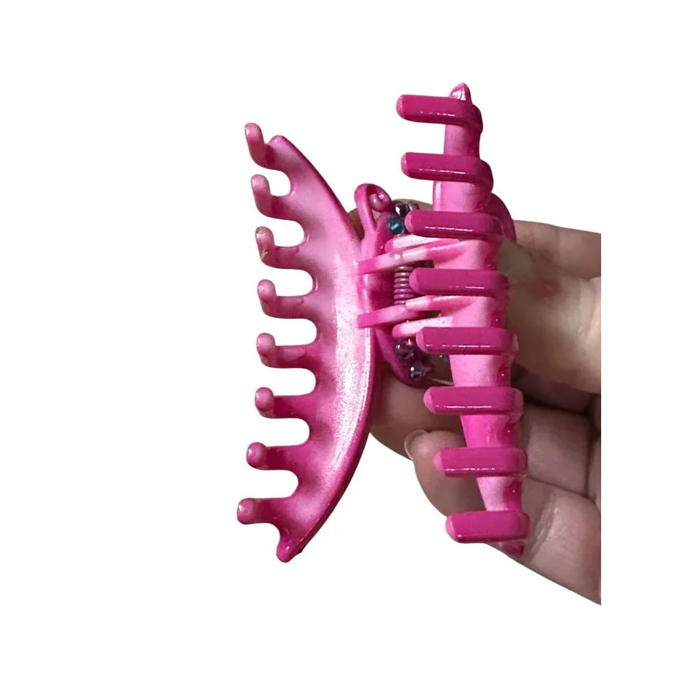 Bright Pink multi-colored bejeweled thick‎ plastic butterfly hair clip 3.5” long
